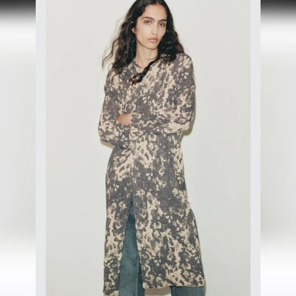 Zara Limited Edition Jaquard Knit Duster Coat Size Small Gold/ Grey,Blue - Picture 6 of 14